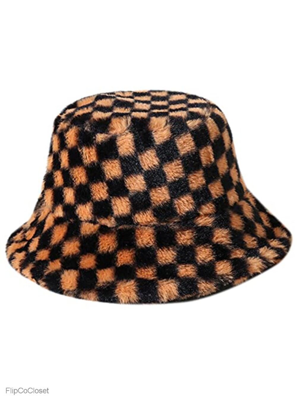 Faux Fur Bucket Hat Checkered Plush Warm Winter Hat Unisex